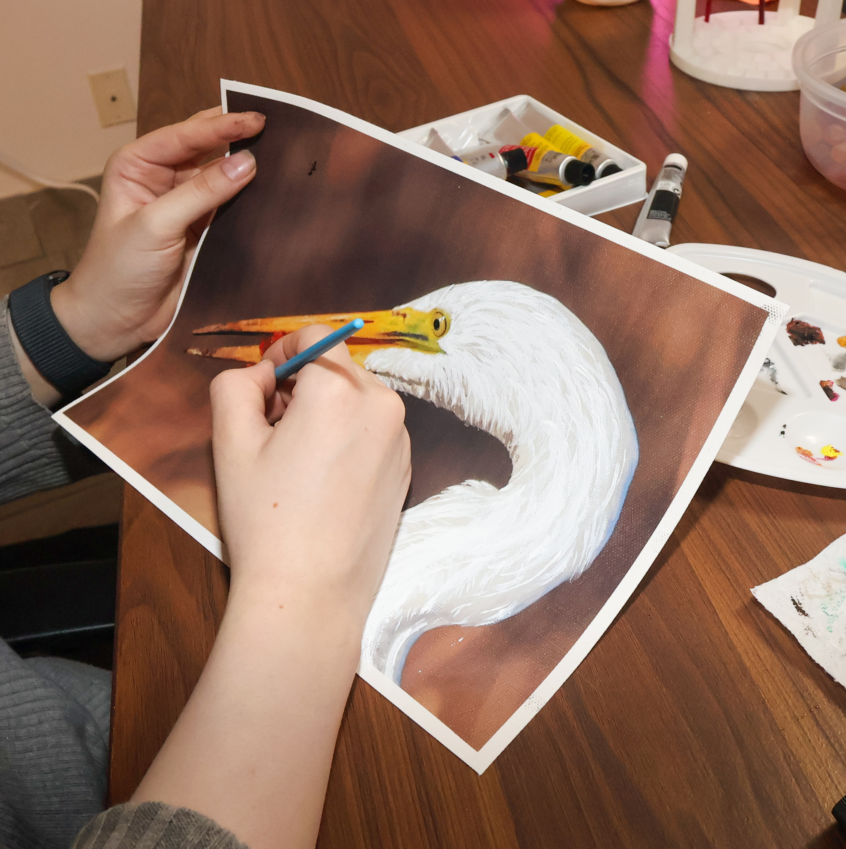 Artist painting on egret photo canvas